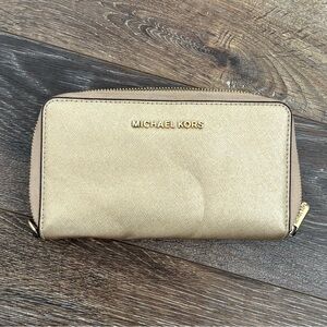 Michael Kors Metallic Gold Saffiano Zip Wallet - Logo Front